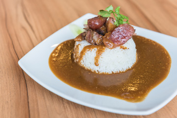 Crispy roasted belly pork chinese style and rice