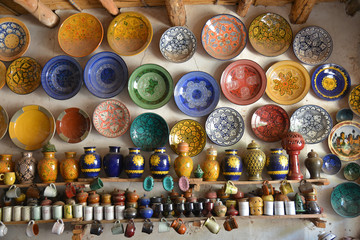 Colorful ceramics for sale in the Medina of Marrakech, Morocco.