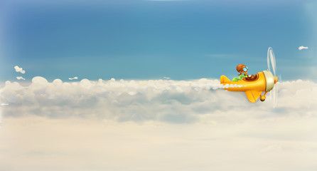 Funny cartoon aviator in the sky, vector illustration © Natis