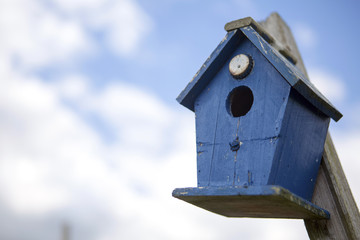 blue bird house in front of cloudy sky