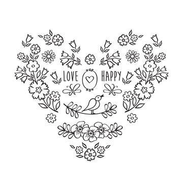 Vintage heart of flowers. The set of hand drawn decorative floral elements for Valentine's Day, mother's day, birthday, wedding. Doodles, sketch. Vector illustration.