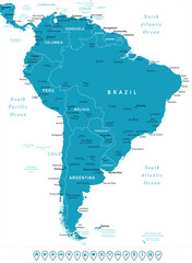 Obraz premium South America map - highly detailed vector illustration. Image contains land contours, country and land names, city names, water object names, navigation icons.
