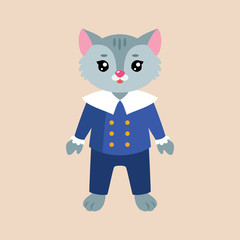 Cute cartoon kitten dressed in blue retro costume