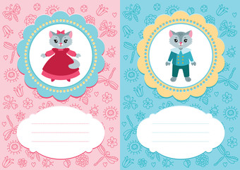 Baby-girl and baby-boy cards with cute kittens