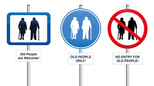 Old People- Three road signs, that welcome old people or that try to keep them away. Isolated vector illustration on white background.