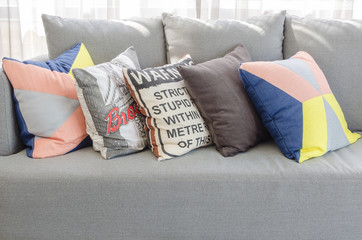 colorful pillows on modern grey sofa in living room