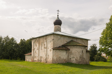 Pskov, Russia. Cosmas and Damian Church with Gremyachaya Mountains, 1383