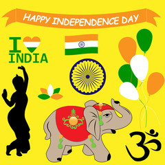 vector, greeting card on independence Day of India with the Elements of celebration and symbols of India 