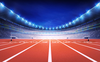 athletics stadium with race track finish view - obrazy, fototapety, plakaty