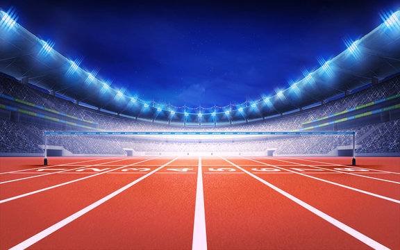 athletics stadium with race track finish view