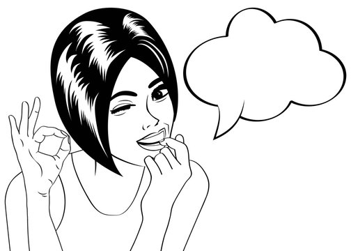 pop art cute retro woman in comics style in black and white