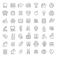 Set of modern flat line art vector icons of school subjects, activities, education and science symbols on white. Concepts for web site, mobile or computer apps, infographics, presentations, promotion