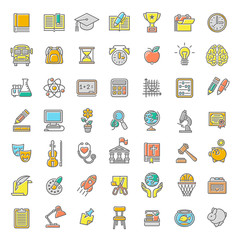 Set of modern flat line colorful vector icons of school subjects, activities, education and science symbols. Concepts for website, mobile or computer apps, infographics, presentations, promotion