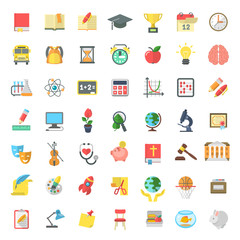 Set of modern flat vector icons of school subjects, activities, education and science symbols isolated on white. Concepts for web site, mobile or computer apps, infographics