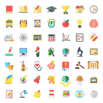 Set of modern flat vector icons of school subjects, activities, education and science symbols isolated on white. Concepts for web site, mobile or computer apps, infographics