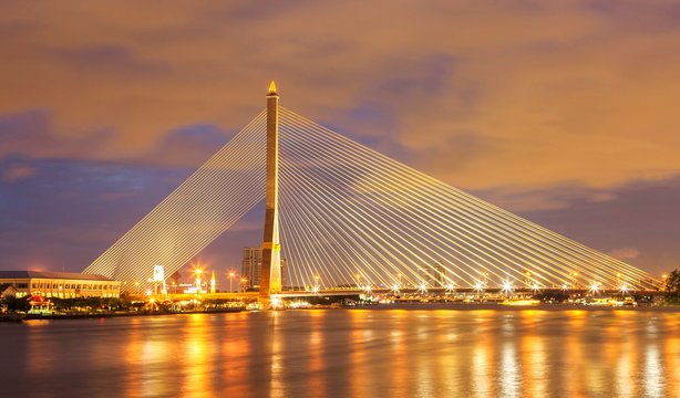 Fototapeta Rama 8 suspension bridge at night, Bangkok, Thailand