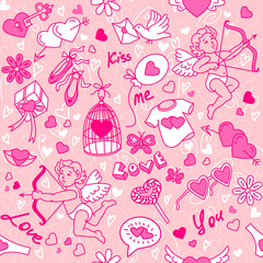 Vector seamless pattern with angels and hearts.