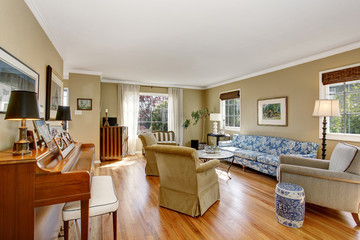 Vintage style living room with fireplace.