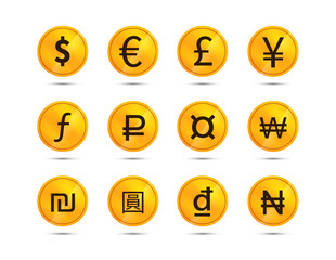 Golden coins with main worlds currency signs, icons on white