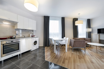 Modern interior design living room with kitchen