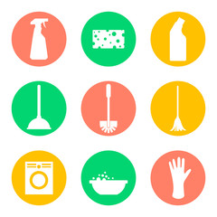 Vector cleaning products icons. Sponge and washing machine and mop and cleaner.