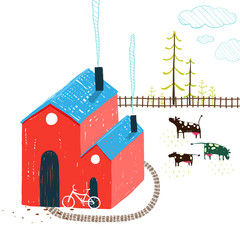 Little Village House Rural Landscape with Forest and Cows on