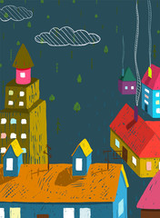 Small Town with Houses Roofs Forest Trees at Night