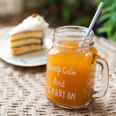 ice tea in mason jar with cake, thai tea
