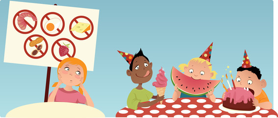 Allergic girl sitting at the separate table at the party, looking at the other kids eating food she's not allowed to have, vector illustration, EPS 8