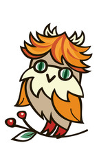 The lovely Owlet on a branch. Linear pattern on a white background.  Line drawing festive. Vector drawing
