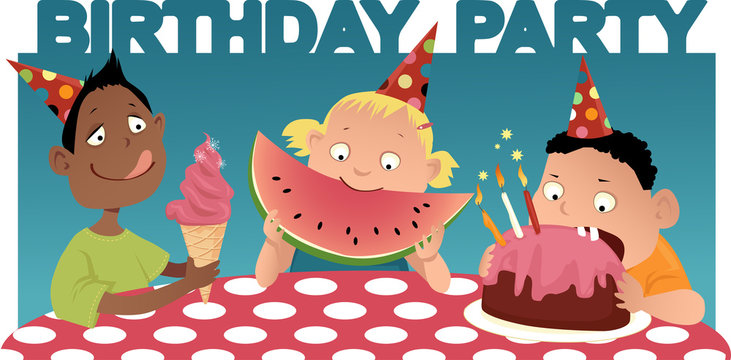 Three cartoon kids at the table, eating, birthday party background, vector illustration, EPS 8