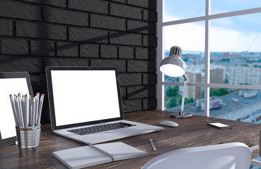 3D illustration laptopand work stuff on table near brick wall