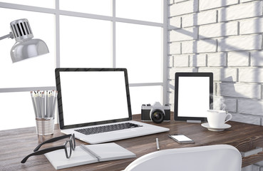 3D illustration laptopand work stuff on table near brick wall