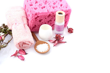 Composition of spa treatment on white background