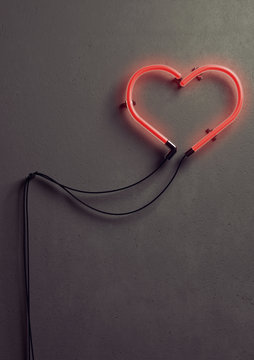 3 D render of an heart shaped neon light against concrete wall. Neon light is turned on and it is glowing in bright red color. 
