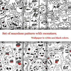 Set of six seamless pattern with doodle monsters