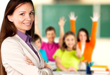 Teacher, school, smiling.
