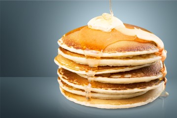 Pan cakes, syrup, butter.