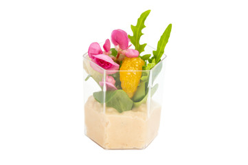 canaps with edible flowers meat cheese and seafood