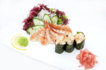 serving traditional Japanese sushi on white background