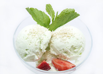 ice cream with caramel sauce and mint on a white background
