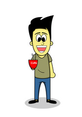 Man cartoon character wiyh coffe