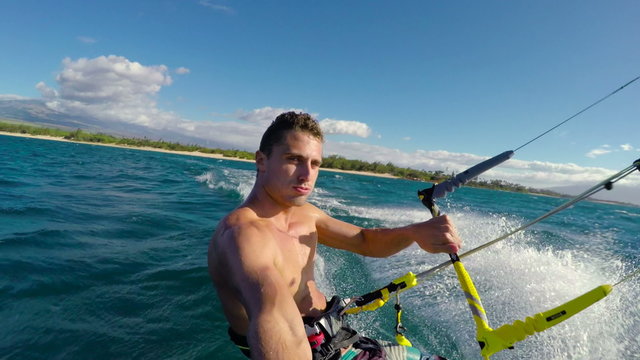 Attractive Brunette Man Kiteboarding in Ocean. Extreme Summer Sport HD. POV
