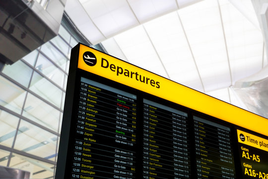 Flight information, arrival, departure at the airport, London, UK