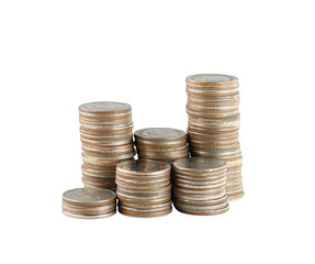 silver Thailand coins stack isolated on white.