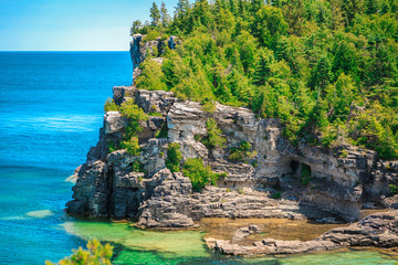 stunning, gorgeous amazing natural rocky beach landscape view and tranquil azure clear water at beautiful, inviting Bruce Peninsula, Ontario 