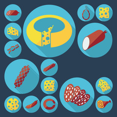 Flat modern design with shadow cheeses and sausages