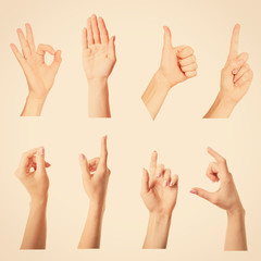Collage of hands showing different gestures on light background