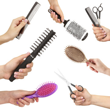 Different hairdressing supplies in hands isolated on white in collage