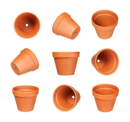 many different position of empty clay flower pot collection isol